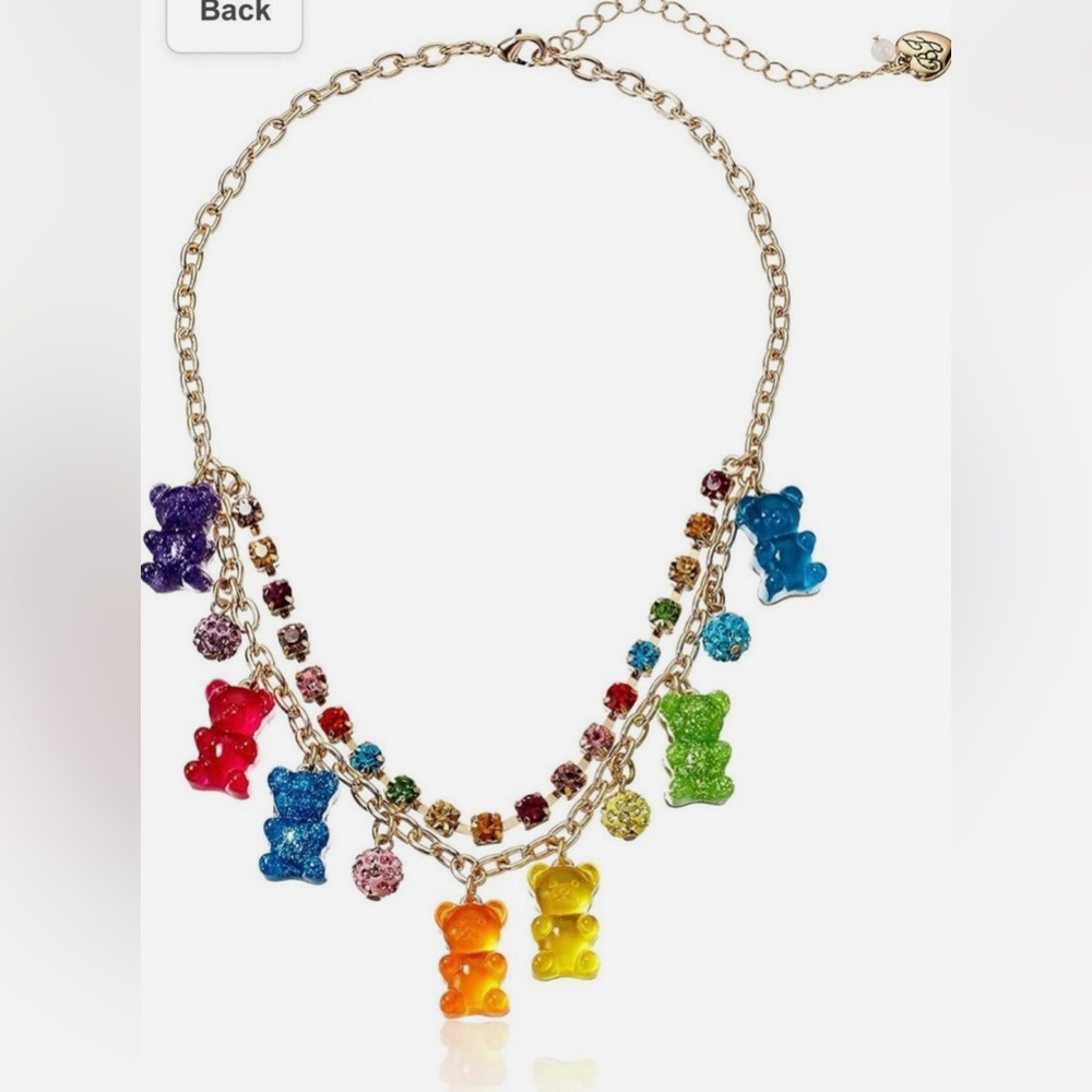 Betsey Johnson Rainbow Gummy Bear Charm Necklace- Gold Tone, Double Chain, Y2K